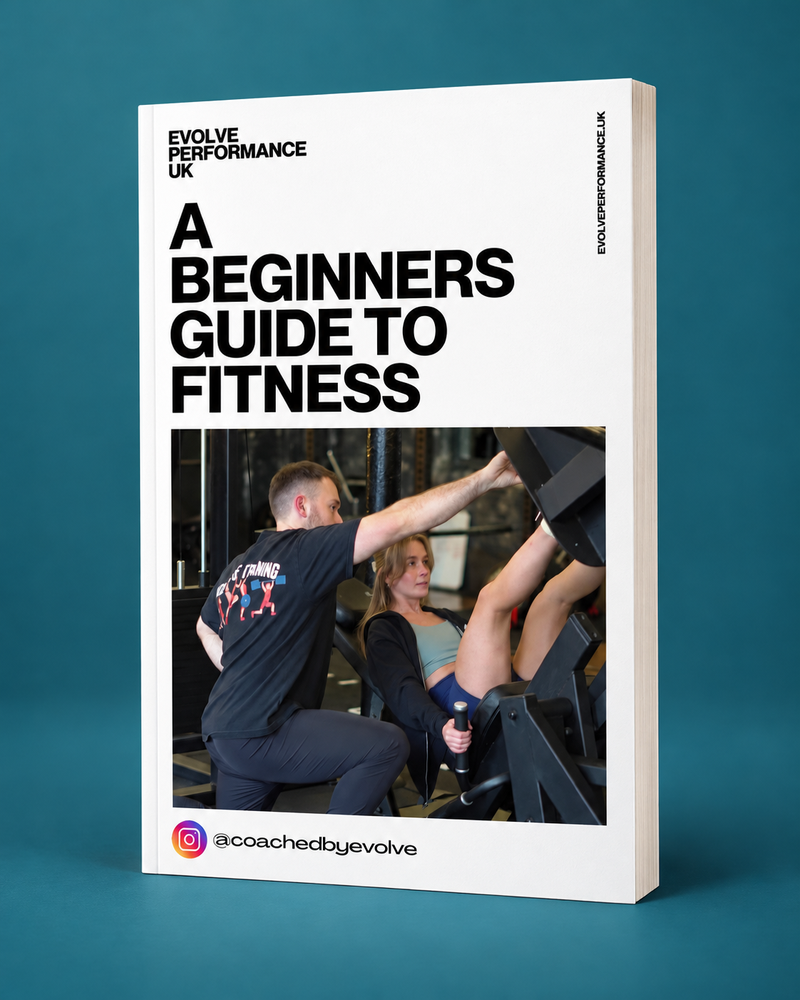 The Evolve Performance Beginner’s Guide to Fitness shown as a book on a teal background.