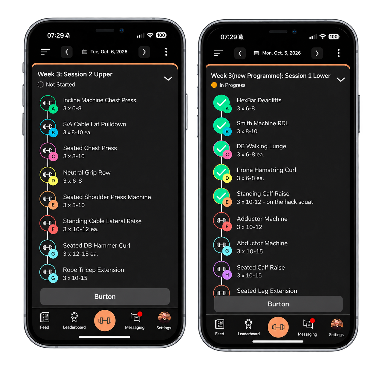 Two Evolve training app screens showing a planned upper-body session and a lower-body session with completed exercises marked.